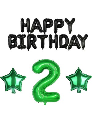 Best Parti Siyah Happy Bırthday Yeşil Rakam ve Yıldız Folyo Balon Seti Yaş 2