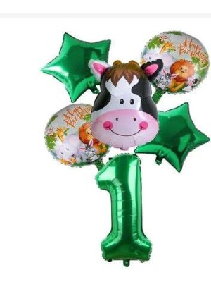 Best Parti Yeşil Rakam Yıldız Inek Hayvan Folyo Balon Seti Yaş 1