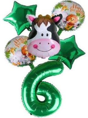 Best Parti Yeşil Rakam Yıldız Inek Hayvan Folyo Balon Seti Yaş 6