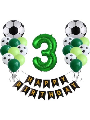 Best Parti 3 Yaş Futbol Temalı Yeşil Rakamlı Happy Bırthday Yazılı Doğum Günü Seti