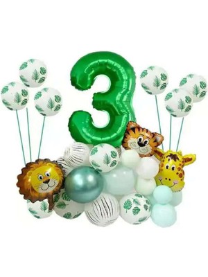 Best Parti Safari Temalı Yeşil Rakamlı Folyo Balon Seti Yaş 3