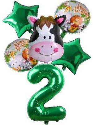 Bal10 Dünyası Yeşil Rakam Yıldız Inek Hayvan Folyo Balon Seti Yaş 2
