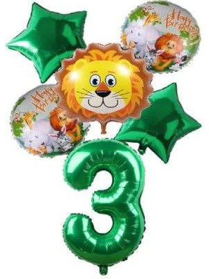 Bal10 Dünyası Yeşil Rakam Yıldız Aslan Hayvan Folyo Balon Seti Yaş 3