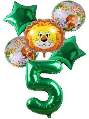 Bal10 Dünyası Yeşil Rakam Yıldız Aslan Hayvan Folyo Balon Seti Yaş 5