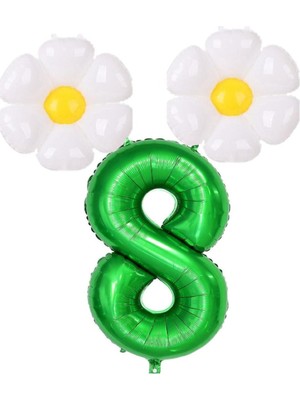 Bal10 Dünyası 8 Rakam Koyu Yeşil Rakam ve Papatya  Folyo Balon Seti