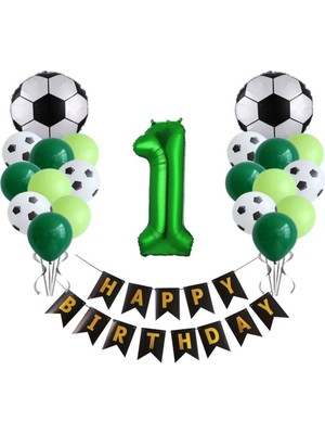 Bal10 Dünyası 1 Yaş Futbol Temalı Yeşil Rakamlı Happy Bırthday Yazılı Doğum Günü Seti