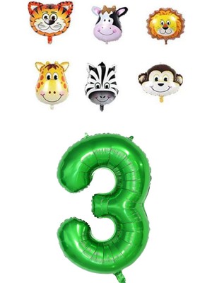 Bal10 Dünyası Safari Hayvanlar Temalı Yeşil Rakam Folyo Balon Seti Yaş 3