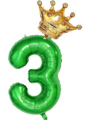 Bal10 Dünyası 3 Rakam Koyu Yeşil Rakam ve Kral Tacı Folyo Balon Seti