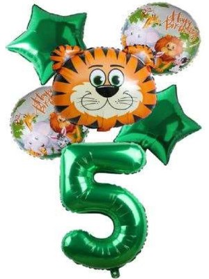 Bal10 Dünyası Yeşil Rakam Yıldız Kaplan Hayvan Folyo Balon Seti Yaş 5