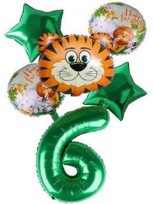 Bal10 Dünyası Yeşil Rakam Yıldız Kaplan Hayvan Folyo Balon Seti Yaş 6