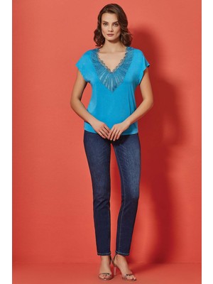 Guitar Yarasa Kol Mavi Penye Bluz