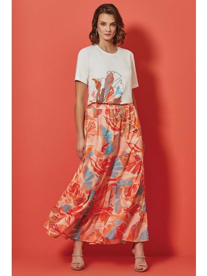 Guitar Yuvarlak Yaka Baskılı Ekru Örme Bluz