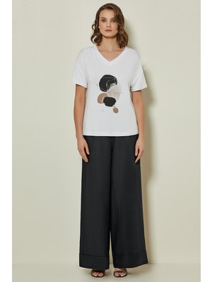 Guitar V Yaka Beyaz Örme Bluz