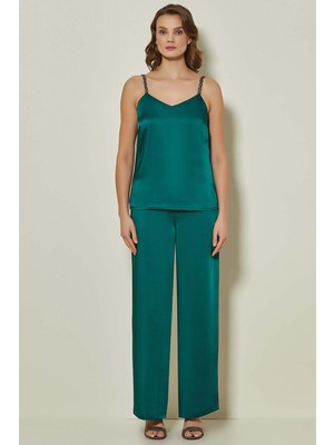 Guitar V Yaka Zümrüt Dokuma Bluz