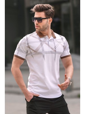 Madmext Beyaz Desenli Polo Yaka Erkek Tişört 6080