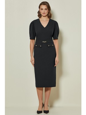 Guitar V Yaka Siyah Dokuma Elbise