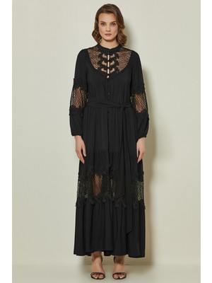 Guitar Uzun Kollu Siyah Dokuma Elbise