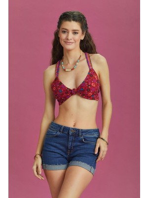 Los Banditos Bohem Stil Çiçek Desen Bağlamalı Bralet Crop Bluz