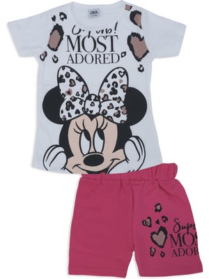 Bebelop Kız Çocuk Mickey Mouse Kalp Baskılı 2'li Alt Üst Şort Takım