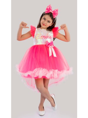 Buse & Eylül Bebe Beyaz Barbie Kız Çocuk Kuyruklu Taçlı Doğum Günü Parti Elbisesi