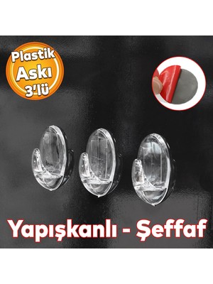 Badem10 Yapışkanlı Banyo Lavabo Mutfak Askılık Şeffaf Plastik Sağlam Asma Iz Bırakmayan Askı 3 Adetli Set