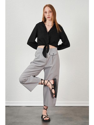 Tena Kadın Gri Kısa Palazzo Poplin Pantolon