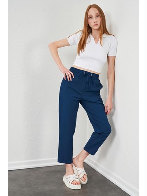 Tena Kadın Indigo Beli Bağlamalı Havuç Paça Poplin Pantolon