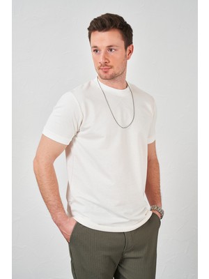 Tena Erkek Ekru Kolu Ribanalı Iki Ip Rahat Kalıp T-Shirt