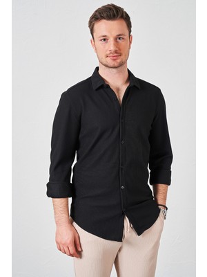 Tena Erkek Siyah Ottoman Uzun Kol Cepsiz Slim Fit Gömlek