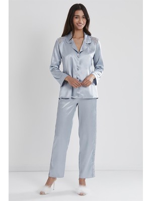 Pierre Cardin 1438 Kadın Saten Dantelli Pijama Takımı-Mist