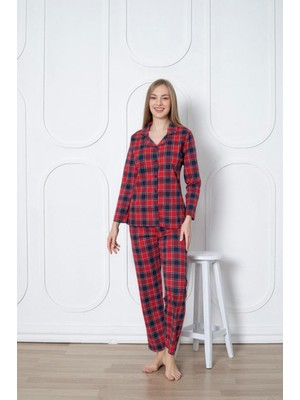 Farya Home Dreamy Pamuklu Ekoseli Uzun Kollu Önden Düğmeli Gömlek Pijama Takımı