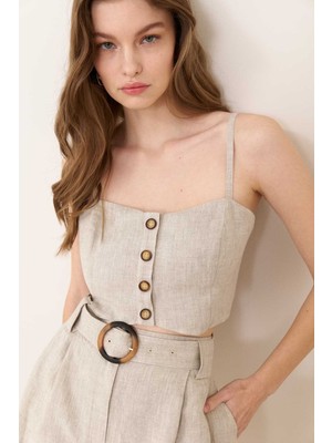 ROMAN Düğme Detaylı İnce Askılı Crop Keten Büstiyer Naturel Y2414006_069