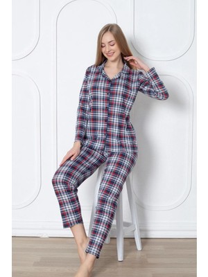 Farya Home Dreamy Pamuklu Ekoseli Uzun Kollu Önden Düğmeli Gömlek Pijama Takımı