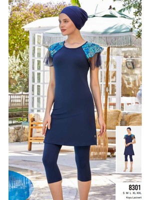 Maresiva Kadın Likralı Kolları Tül Detaylı Yarı Tesettür Mayo Koyu Lacivert 8301