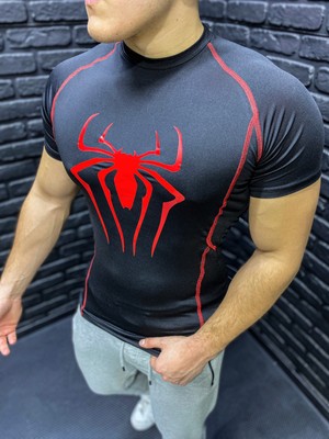 Yhm Compression Tshirt Fit Spor Kısa Kollu Vücuda Yapışan Kırmızı Spiderman Baskılı Çizgili Siyah T-Shirt