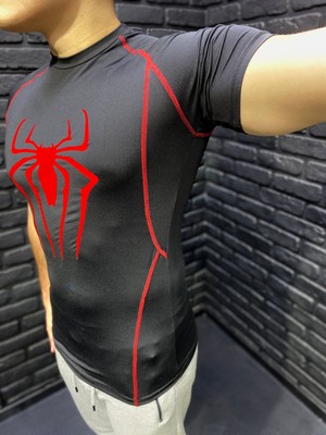 Yhm Compression Tshirt Fit Spor Kısa Kollu Vücuda Yapışan Kırmızı Spiderman Baskılı Çizgili Siyah T-Shirt