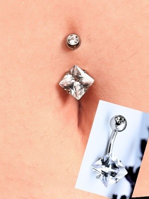 Tükkan Accessories Çift Zirkon Taş Kare Detay Göbek Piercing 316L Cerrahi ÇELİK-GBKPR74