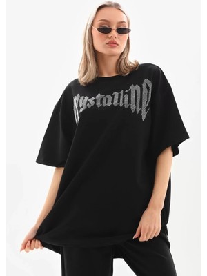 Tarz Yeri Taş Desenli Oversize T-Shirt Beyaz