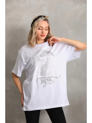 Drgy Unisex Taş Desenli Oversize T-Shirt - Beyaz