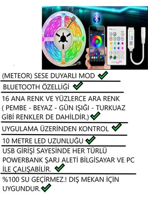 Neon LED Şerit Işık Rgb Çok Renkli Sese Müziğe Duyarlı Kumandalı Aydınlatma ve Adaptör 10 Metre