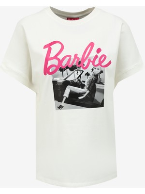 Barbie Bisiklet Yaka Baskılı Ekru Kadın T-Shirt BRB4SL-TST6090