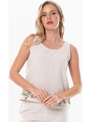 Eliş Şile Bezi Kolsuz Hazan Keten Nakış Detaylı Yazlık Bluz Krem Krm