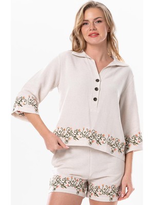 Eliş Şile Bezi Truvakar Kol Keten Hazan Nakış Detaylı Yazlık Otantik Bluz Krem Krm