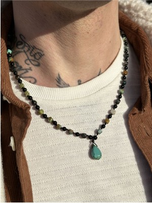 CAPO By Aytaç Yamaç Capo Afrika Turkuazı ve Oniks Taşlı Erkek Kolye Doğal Taş Erkek Kolye