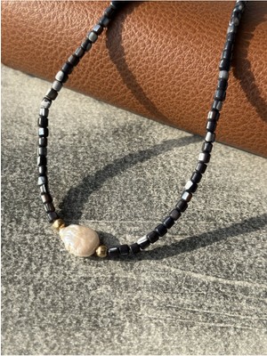 CAPO By Aytaç Yamaç Ham Doğal Inci Taşlı Siyah Sedef Doğal Taş Choker Kolye