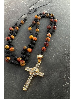 CAPO By Aytaç Yamaç Varisit ve Lav Taşlı Doğal Taş Kolye Çelik Haç Kolye Uçlu