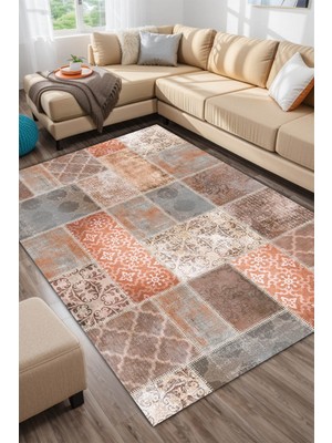 Depoba Nandy Patchwork Kadife Yıkanabilir Kaymaz Pamuk Tabanlı Salon Halısı