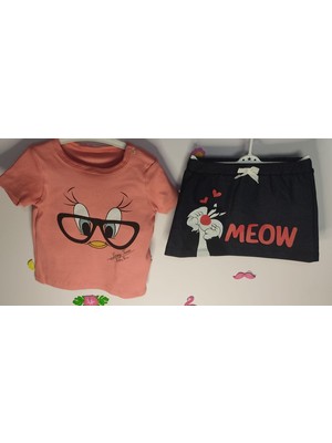 Minische Store Kız Bebek Kedi Model T-Shirt Etek Takım