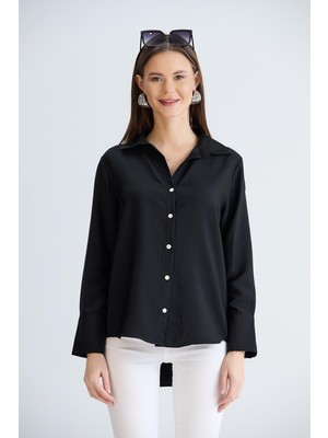 Nurneva Uzun Manşetli Saten Gömlek Siyah