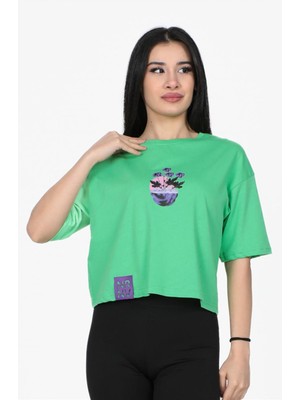 Nurneva Çiçek Baskılı Crop Model Tshirt Yeşil